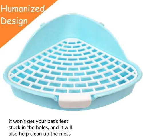 Vista 5 de Hamiledyi Caja de arena pequeña para conejo para jaula triangular, entrenador de orinal de esquina, conejo, inodoro, bandeja de plástico para Azul