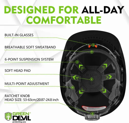 Vista 5 de GREEN DEVIL Casco protector de seguridad para motosierra, casco forestal con visera integrada de malla, protector facial de malla, orejeras 4 en 1