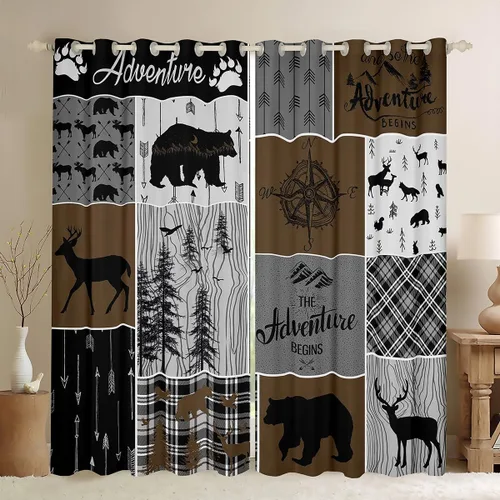 Vista 16 de Cortinas rústicas retro de cabaña, cortinas opacas de oso ciervo, 38 pulgadas de ancho x 45 pulgadas de largo, 2 paneles, cortinas de caza