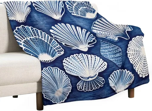 Vista 44 de Manta de conchas de mar azul para cama, manta náutica costera, manta de franela para sofá, cama, oficina para adultos, 30 x 40 pulgadas, manta suave