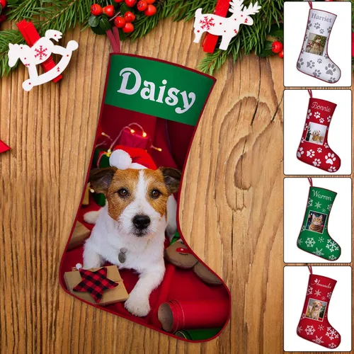 Vista 9 de Medias de Navidad de raza de perro personalizadas con texto de nombre, regalos de decoración de calcetines de Navidad personalizados para perros