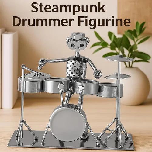 Vista 2 de Figura de batería de metal plateado de 7 pulgadas, músico Steampunk Regalo de batería hecho a mano en tono plateado para músicos y bateristas