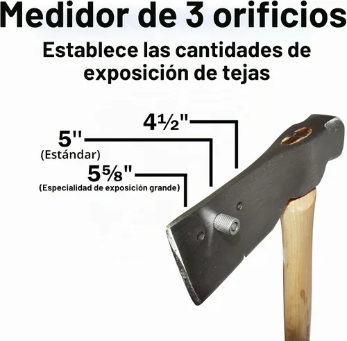 Vista 2 de Hacha de teja para techos con cara de golpe fresada, calibre de exposición de tres posiciones (4½", 5", 5"), ranura para clavos y mango de madera