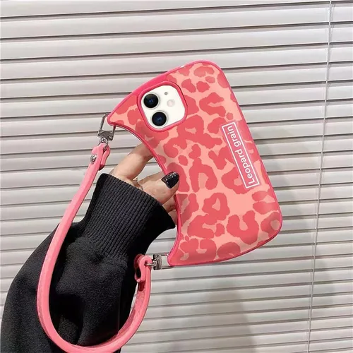 Vista 4 de Funda compatible con iPhone 11, bonita funda estética con estampado de leopardo rosa en forma de cartera con correa y cadena a prueba de golpes