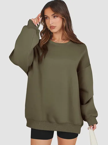 Vista 2 de ATHMILE Sudadera de gran tamaño para mujer, cuello redondo, forro polar, manga larga, sudaderas con capucha, tops de otoño, ropa de moda 2023