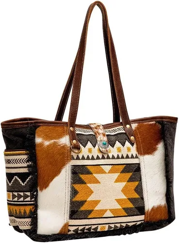 Vista 2 de Myra Bag Bolsa de lona occidental para mujer - Bolso de fin de semana de hombro de algodón y cuero reciclado, Panacea, Panacea