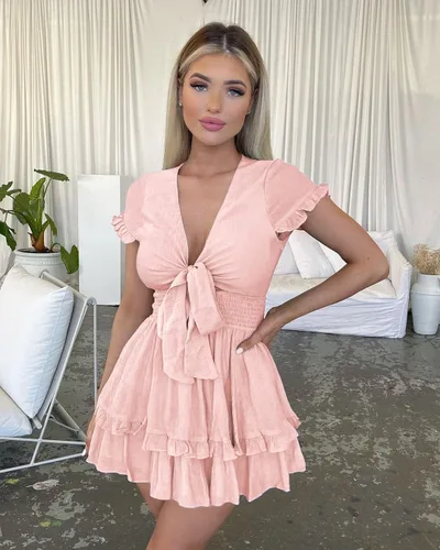 Vista 5 de PRETTYGARDEN - Mini vestido de verano con vuelo para mujer. Vestido corto acampanado con cuello en V y manga corta con volantes en la parte delantera