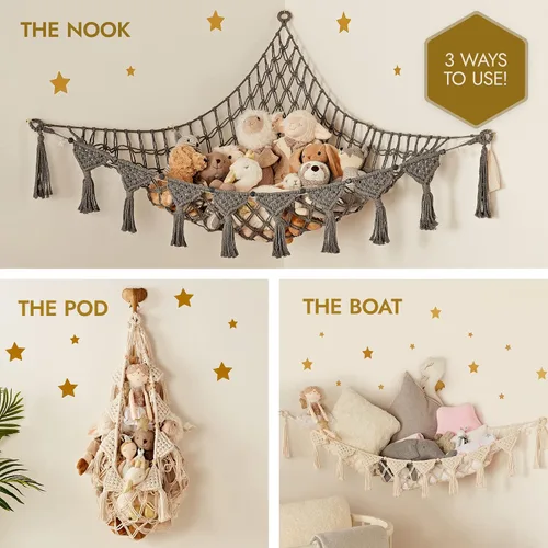 Vista 4 de TIDYTEDS Macramé DreamLights Hamaca de Red de Almacenamiento de Animales de Peluche Boho Extra Grande Soporte de Almacenamiento de Juguetes de Azul