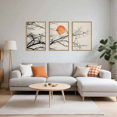 Vista 56 de Celestdeco Juego de arte de pared en lienzo abstracto y neutro grande con marco naranja, moderno y minimalista para pared, diseño geométrico bohemio