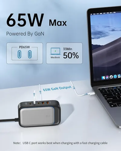 Vista 2 de Regleta de alimentación de viaje, estación de carga USB rápida de 65 W, cargador USB 7 en 1 máximo con 2 tomas, 3 USB C y 2 USB A, cable de Negro