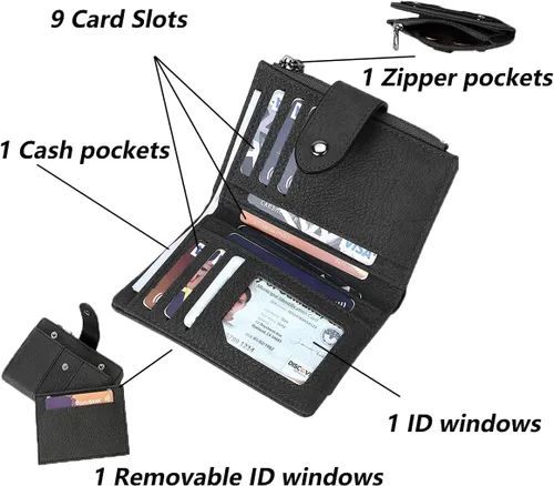 Vista 3 de Cartera pequeña de cuero para mujer con bloqueo RFID y ventana para identificación, Gris oscuro, Classic