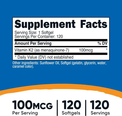 Vista 2 de Nutricost Suplemento de Vitamina K2 MK-7 (100 mcg) 120 Cápsulas Blandas - Sin GMO