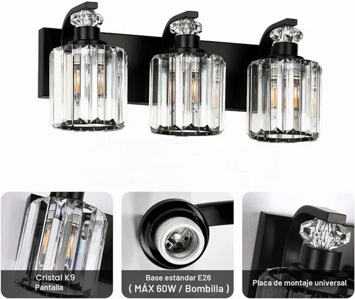 Vista 3 de Lámparas de baño negras con pantalla de cristal K9, iluminación de baño sobre espejo, luces de tocador para sala de estar, dormitorio, baño