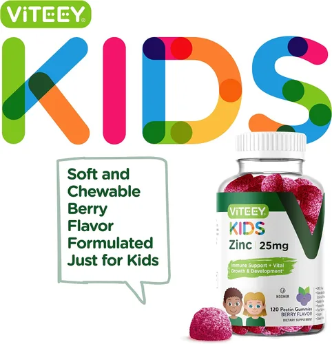 Vista 2 de Viteey - Gomitas de zinc para niños, 25 mg, sabrosas gomitas masticables con sabor a bayas Immune Support - Powerful Natural Antioxidant, Kids