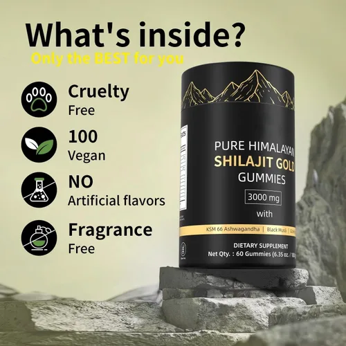 Vista 4 de Gomitas Shilajit del Himalaya de 3000 mg de oro para hombres y mujeres, orgánicas y naturales con más de 85 minerales esenciales y ácido fúlvico