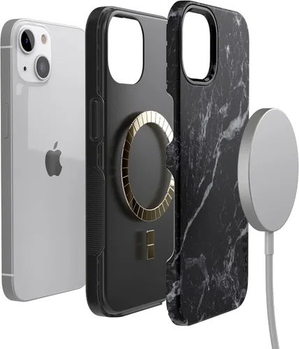 Vista 8 de Casely Funda para iPhone 13 mármol negro perla Diseño protector audaz Compatible con MagSafe