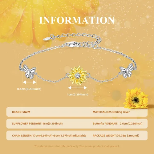 Vista 4 de SNZM Pulseras para mujer de plata de ley 925 con diseño de girasol, cadena ajustable con dije de corazón para cumpleaños, día de la madre, girasol