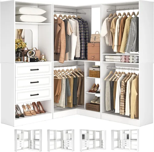 Vista 9 de Unikito Sistema de armario con cajones, sistema modular de organizador de armario de esquina de 86 pulgadas con espejo, organizador de armario