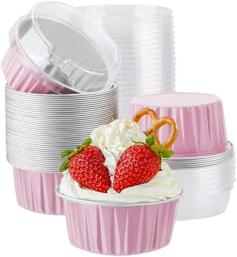 Vista 9 de Paquete de 100 tazas de papel de aluminio para hornear con tapas, tazas de postre de 5 onzas, moldes para magdalenas, moldes desechables para Oro