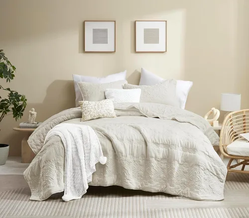 Vista 10 de B2EVER Juego de edredón de damasco beige tamaño individual con 1 funda de almohada, colcha boho ligera y suave de estilo granja vintage bohemia