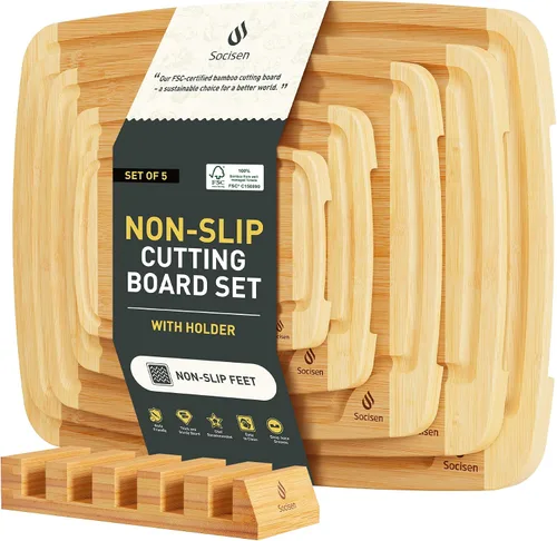 Vista 25 de Tabla de cortar de bambú extra grande con pies antideslizantes y tabla de cortar de madera para cocina con ranura de jugos para carne, verduras