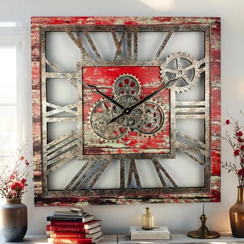 Vista 7 de ImprovingLife The Gears Clock Reloj de Pared Cuadrado de 24 Pulgadas con Engranajes Reales en Movimiento, Estilo Vintage Industrial de Gran