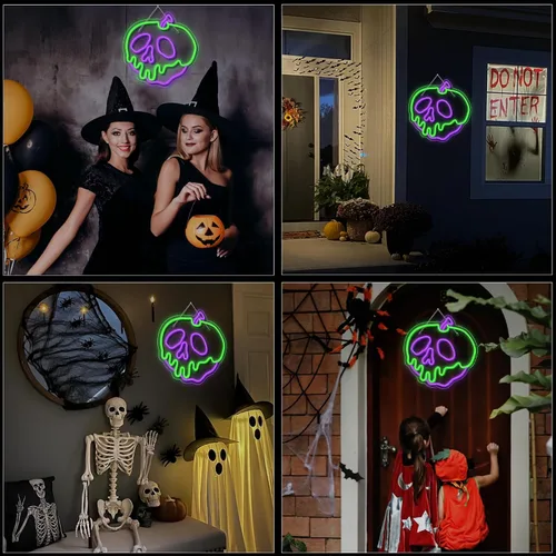 Vista 3 de WLHOPE Letrero de neón de Halloween regulable con calavera, manzana, para decoración de pared, luces LED de Halloween, conectividad USB, luces LED