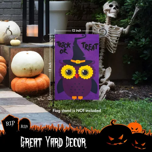 Vista 6 de G128 - Bandera de jardín de Halloween, cita de truco o trato con bonito búho, decoraciones de jardín y patio, bandera rústica de temporada para 12 x