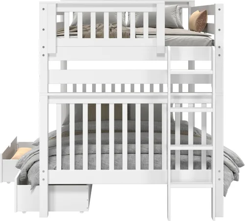 Vista 7 de Bedz King Literas de estilo misión matrimonial sobre tamaño matrimonial con escalera lateral y 2 cajones debajo de la cama, color blanco