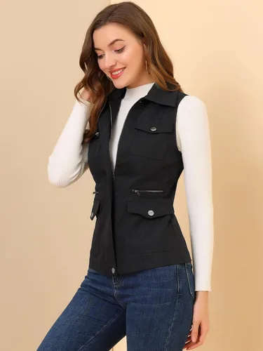 Vista 2 de Allegra K Chaqueta con cremallera y bolsillos para mujer, chaleco sin mangas tipo cargo