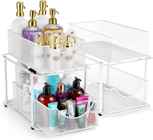 Vista 9 de Sorbus Organizador de metal para debajo del fregadero de 2 niveles para baño, cocina, cajones deslizantes de malla de acero fuerte para debajo