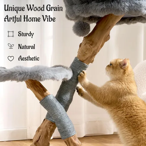 Vista 4 de Árbol para gatos de madera natural para gatos adultos de interior, torre de gatos moderna de 33 pulgadas con cama de felpa súper suave y percha