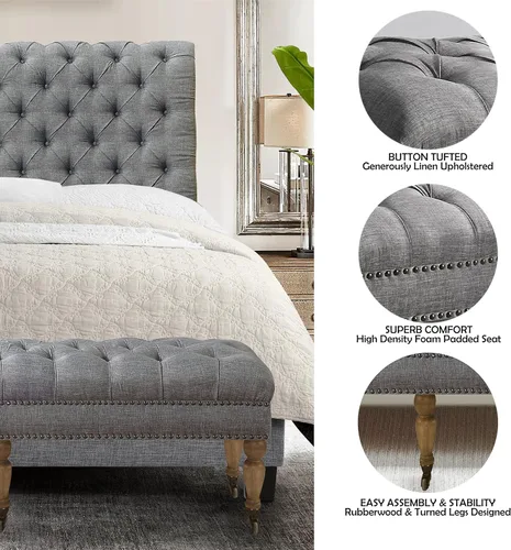 Vista 4 de Rosevera Berta - Tapa tapizada de poliéster con cabeza de clavo rectangular para sala de estar, reposapiés, dormitorio, entrada, banco de tamaño Gris