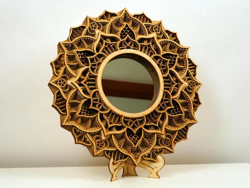 Vista 3 de BHDecor Espejo para decoración de pared para el hogar, marco tallado con corte láser, elegante mandala de madera para colgar, paneles de MDF