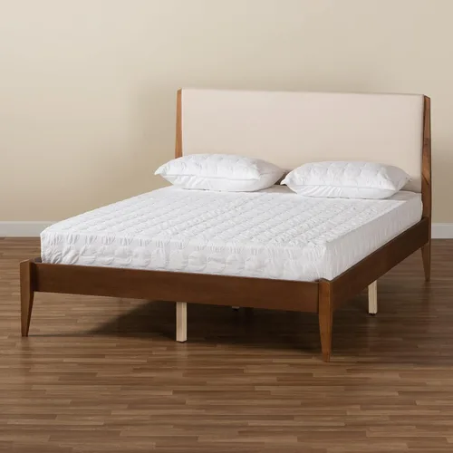 Vista 8 de Baxton Studio Lenora Mid-Century - Cama de plataforma tapizada de tela beige moderna y acabado marrón nogal, tamaño King
