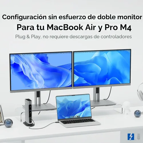 Vista 3 de Plugable Base Thunderbolt 4 16 en 1: monitores 4K duales para MacBook Air/Pro M4/M5, carga de 100 W, 2 HDMI, 2 puertos DisplayPort, Ethernet 2.5G, 7
