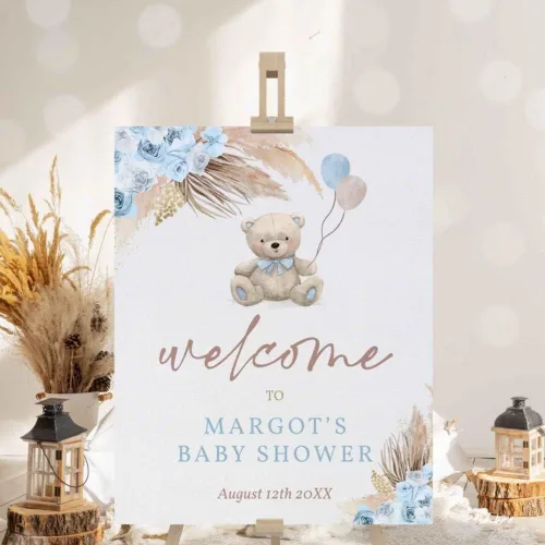 Vista 9 de Letrero personalizado para baby shower, cartel de bienvenida de elefante para baby shower, bienvenida de baby shower de elefante floral azul, Baby