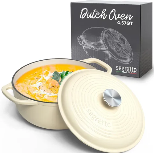 Vista 20 de Segretto Cookware Horno holandés ovalado de hierro fundido esmaltado, 7 cuartos de galón blanco Bianco Perla (Off-White)