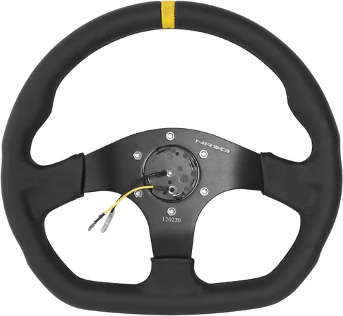 Vista 7 de NRG Innovations NRG-RST-024MB-R-Y Volante Reforzado - 12.598 in Deportivo Parte Inferior Plana de Cuero con Marca Central Amarilla