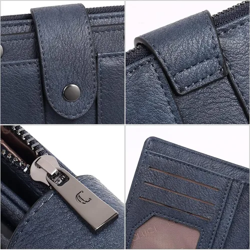 Vista 4 de CLUCI Cartera pequeña para mujer, de cuero, plegable, multitarjeta, organizador de diseñador, moneda con cremallera y ventana de identificación