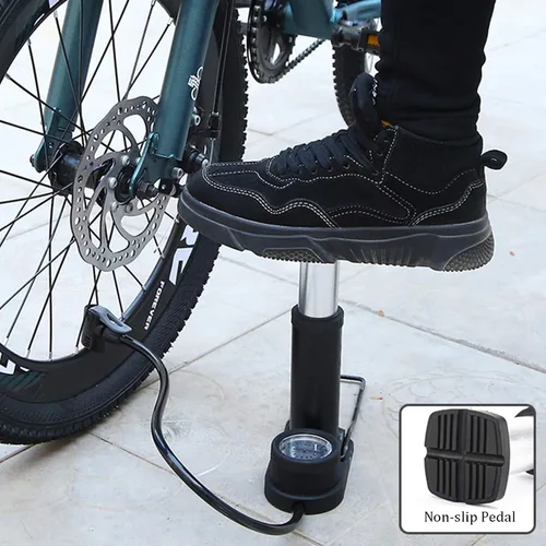 Vista 6 de Mini bomba de pie para bicicleta, bomba de pie de 120 PSI, bomba de suelo activada por pie con manómetro extra sensible, bomba de aire portátil
