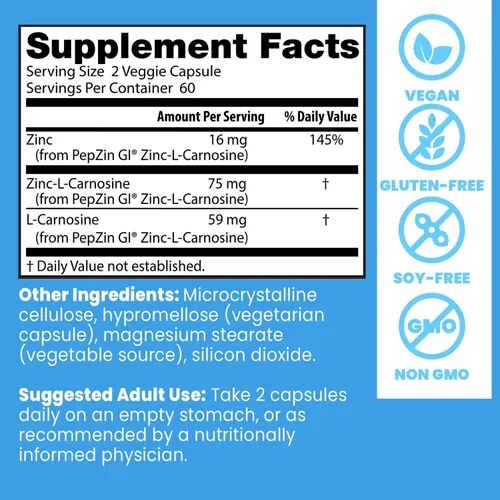 Vista 4 de Doctor's Best PepZin GI, complejo de zinc-L-carnosina, sin OMG, vegano, sin gluten, sin soja, soporte digestivo, 120 cápsulas vegetales