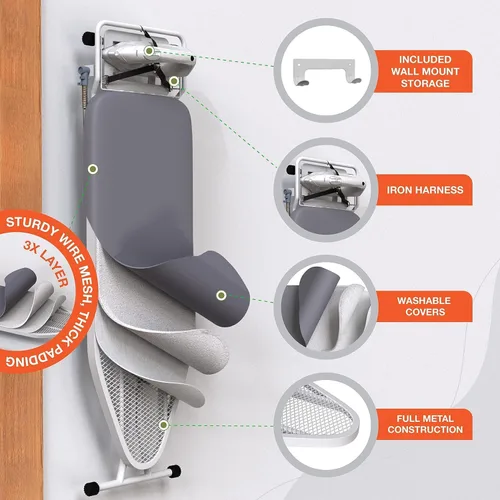 Vista 4 de Xabitat Tabla de planchar de tamaño completo de 57 x 15 pulgadas con colgador de montaje en pared, construcción de metal completo, organizador