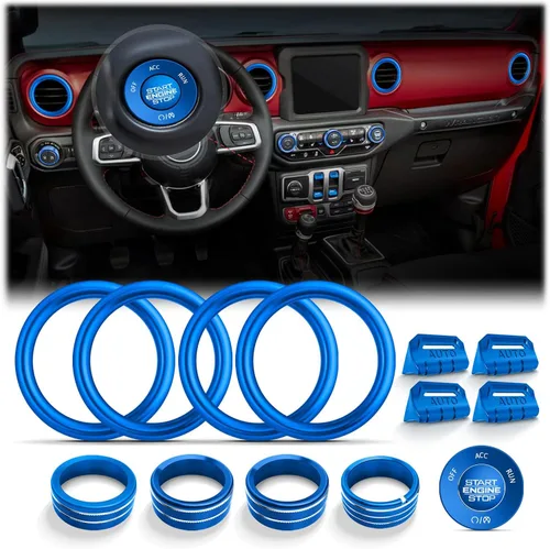 Vista 12 de Wrangler JL/JLU y Gladiator JT 2018-2026 - Accesorios de aluminio para botón de arranque, CA, volumen de audio, faros delanteros e interruptores