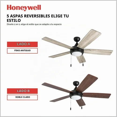 Vista 5 de Honeywell Ventiladores de techo Ventnor, ventilador de techo LED para interiores de 52 pulgadas de estilo granja moderna con luz, interruptor