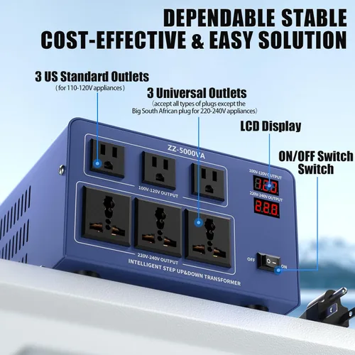 Vista 3 de Transformador convertidor de voltaje de 5000 W, elevador y descendente, 110 V/120 V a 220 V/240 V, reconocimiento automático de voltaje, convertidor