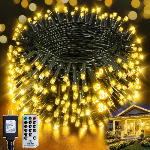 Vista 11 de Guirnalda de 200 luces LED de color blanco cálido de 66 pies, cable verde oscuro, 8 modos de temporizador, IP44, impermeable, para interiores