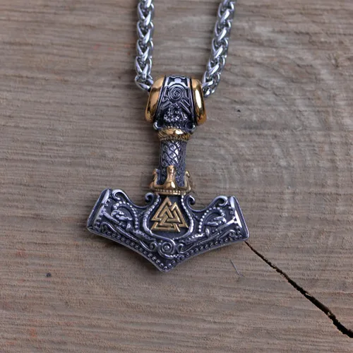 Vista 8 de LANGHONG Collar de martillo de Thor vikingo nórdico Mjolnir para hombre, joyería de talismán