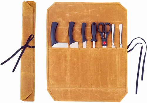 Vista 12 de Bolsa de rollo de cuchillo de lona encerada resistente, bolsa portátil para cuchillos de chef, duradera (verde militar)
