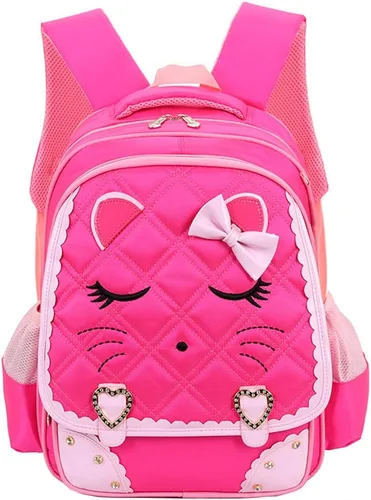 Vista 5 de Bonita mochila escolar rosa con lazo de diamante brillante impermeable para niñas, Rosado, M